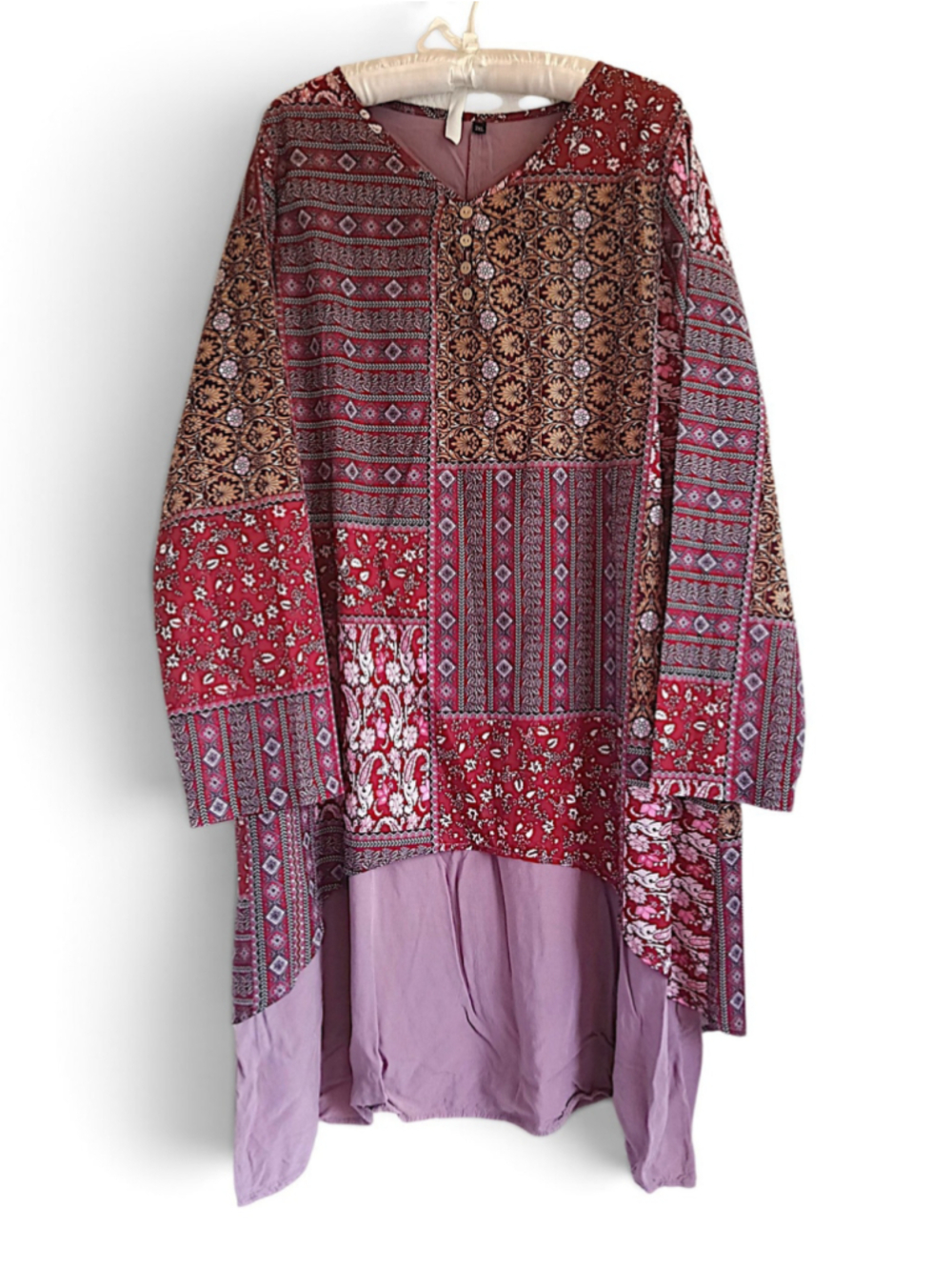 Patchwork Tunic dress boho hippie flowy 3X Red Purple floral western button down